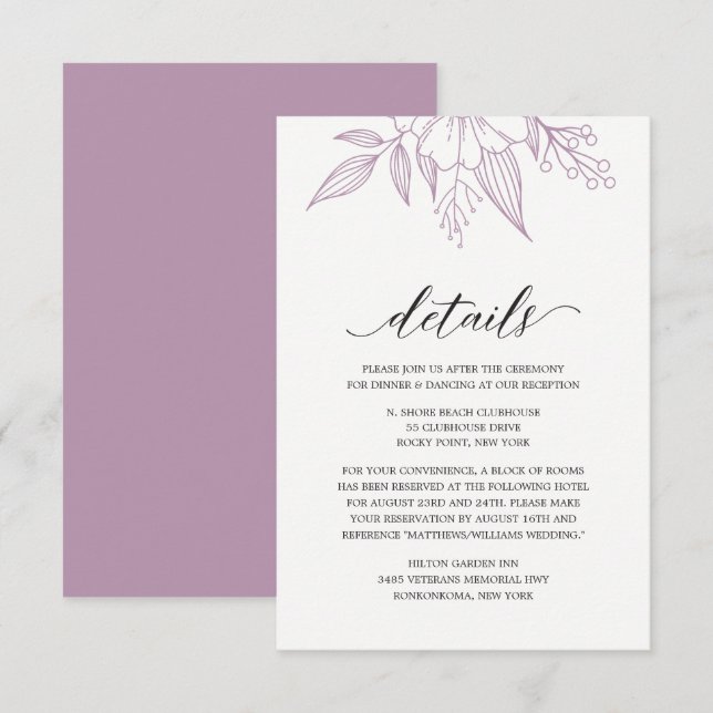Tarjeta De Recepción Boda floral simple elegante Lavender morado (Anverso / Reverso)