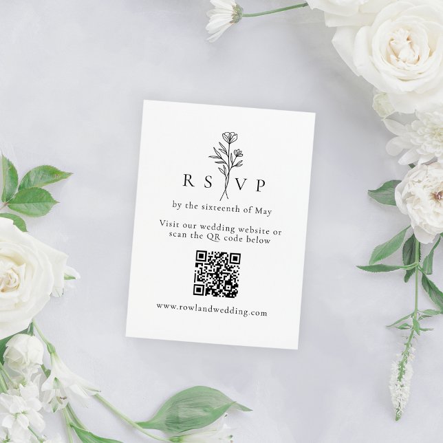 Tarjeta De Recepción Boda floral simple en blanco y negro QR RSVP (Subido por el creador)