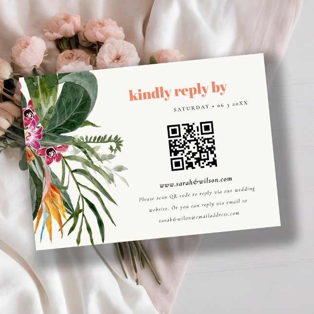 Tarjeta De Recepción Boda floral tropical de Rubor Boho Código QR RSVP (Subido por el creador)