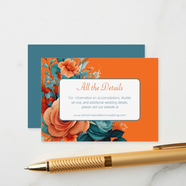 Tarjeta De Recepción Boda floral verde azulado y Naranja (Anverso/Reverso In Situ)