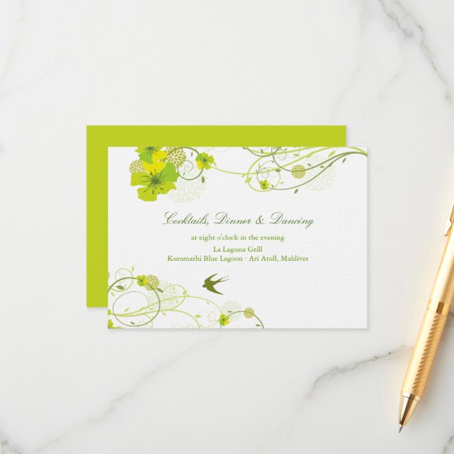 Tarjeta De Recepción Boda Floral Verde Hibiscus Swirls (Anverso/Reverso In Situ)