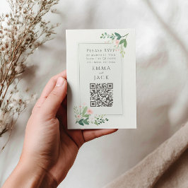 Tarjeta De Recepción Boda floral verde rosa romántica RSVP Código QR