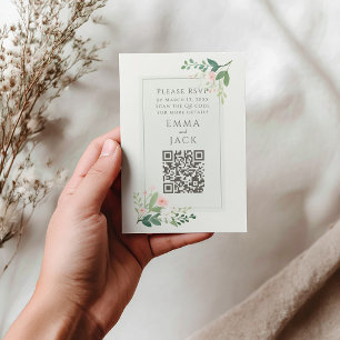 Tarjeta De Recepción Boda floral verde rosa romántica RSVP Código QR