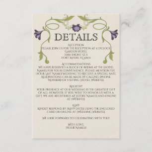 Tarjeta De Recepción Boda floral vintage de arte nuevo lila púrpura