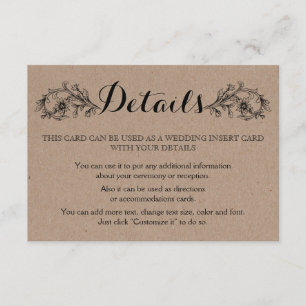 Tarjeta De Recepción Boda floral vintage de cartón Kraft