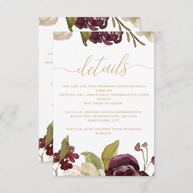 Tarjeta De Recepción Boda Floral y caligrafía Detalle de invitado (Anverso / Reverso)