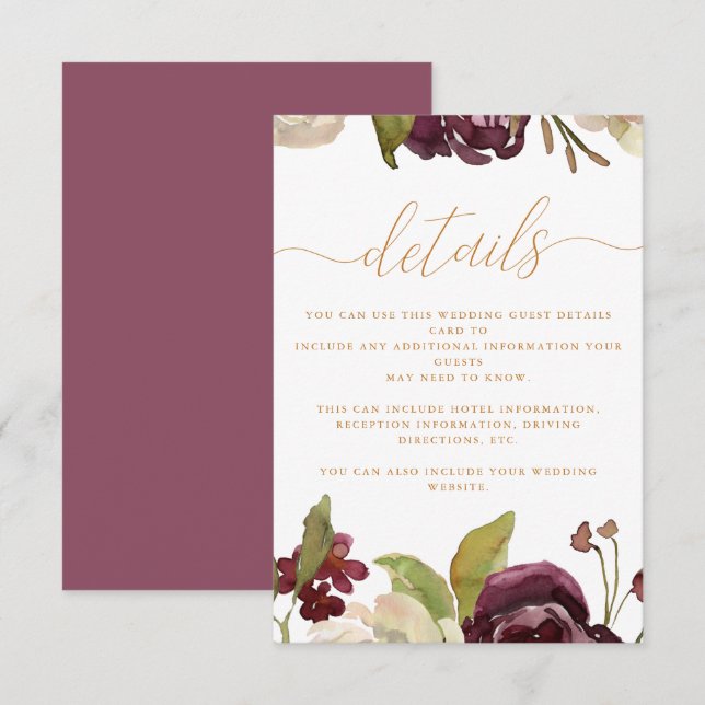 Tarjeta De Recepción Boda Floral y caligrafía Detalle de invitado (Anverso / Reverso)