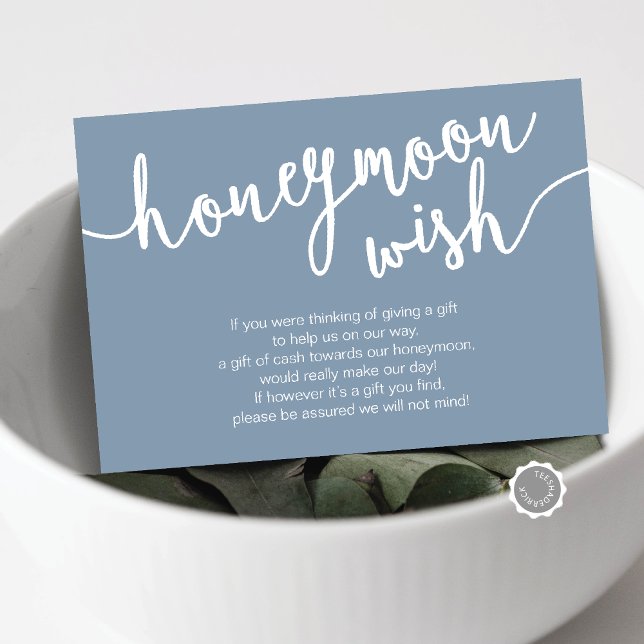 Tarjeta De Recepción Boda Fondo de Deseos de Luna de Miel, Azul Dusty (Wedding Honeymoon Wish or Honeymoon Fund Enclosure Card, in dusty blue themed)