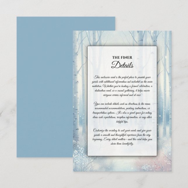 Tarjeta De Recepción Boda Forestal de Birch Azul Escarcha (Anverso / Reverso)