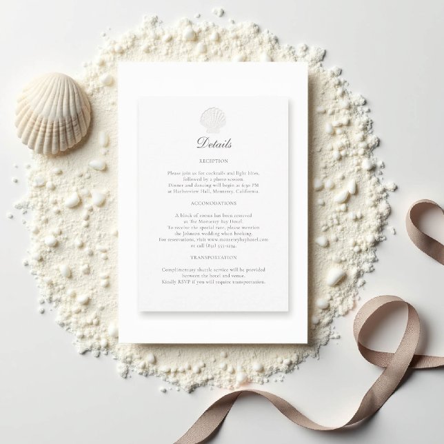 Tarjeta De Recepción Boda formal de la cubierta costera náutica Detalle (nautical wedding reception details coastal modern classic formal traditional elegant shell)