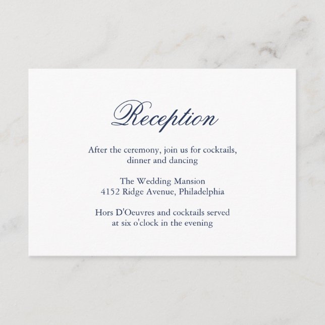 Tarjeta De Recepción Boda Formal Elegante Azul Marino Tradicional (Anverso)