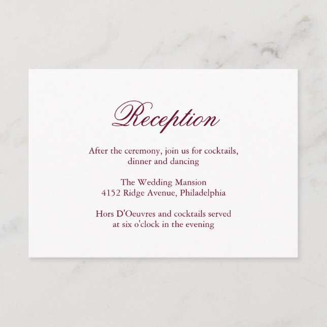 Tarjeta De Recepción Boda formal elegante tradicional de Borgoña (Anverso)