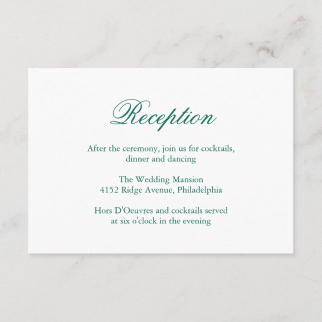 Tarjeta De Recepción Boda formal elegante tradicional verde esmeralda (Anverso)