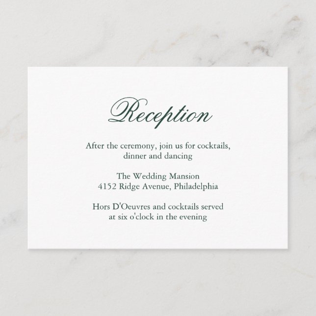 Tarjeta De Recepción Boda formal elegante tradicional verde forestal (Anverso)