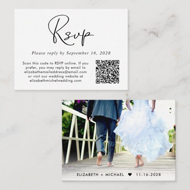 Tarjeta De Recepción Boda fotográfico de código QR RSVP (Anverso / Reverso)
