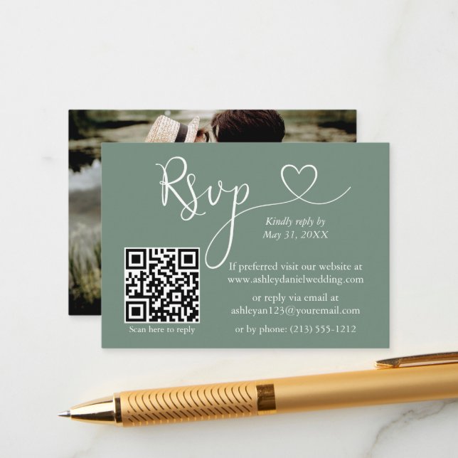 Tarjeta De Recepción Boda fotográfico del corazón de caligrafía Sage Gr (Anverso/Reverso In Situ)