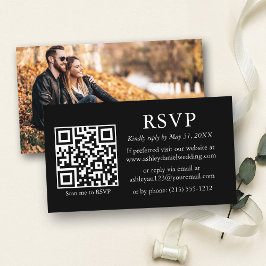Tarjeta De Recepción Boda fotográfico simple minimalista QR Black RSVP