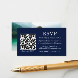 Tarjeta De Recepción Boda fotográfico simple minimalista QR Blue RSVP