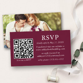 Tarjeta De Recepción Boda fotográfico simple minimalista QR Burgundy RS