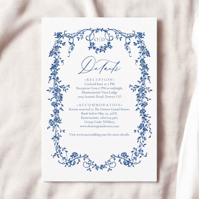Tarjeta De Recepción Boda francés azul de marina floral victoriana (Subido por el creador)