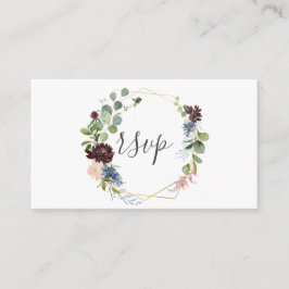 Tarjeta De Recepción Boda geométrica de Borgoña y Floral Azul RSVP