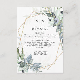 Tarjeta De Recepción Boda geométrica rústica con vegetación verde y dor