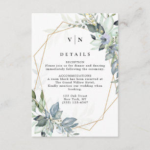 Tarjeta De Recepción Boda geométrica rústica con vegetación verde y dor