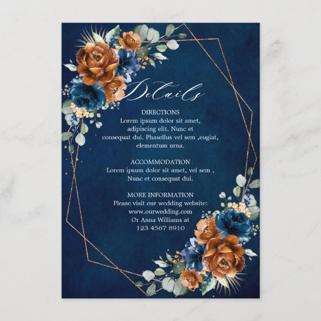 Tarjeta De Recepción Boda Geométrico Azul de la Marina Terracotta Detal (Anverso)