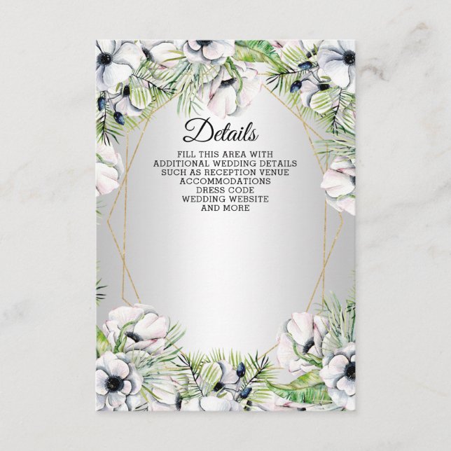 Tarjeta De Recepción Boda Geométrico de Oro de Anemone Blanco Plateado (Anverso)