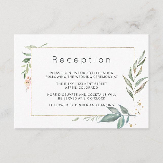 Tarjeta De Recepción Boda geométrico de oro y vegetación (Anverso)