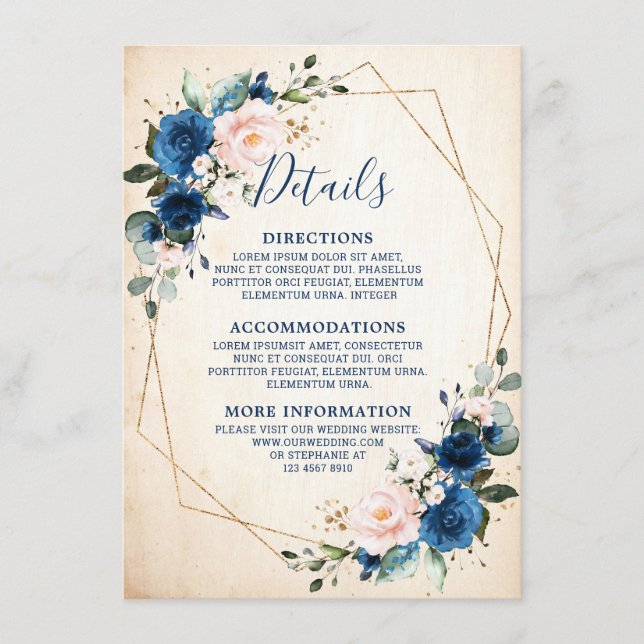 Tarjeta De Recepción Boda geométrico floral floral azul de la Marina Ru (Anverso)