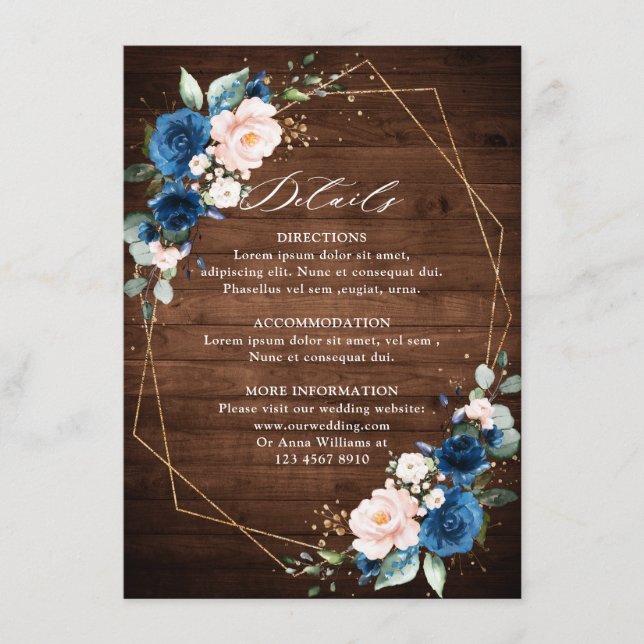 Tarjeta De Recepción Boda Geométrico Navy Blue Rubor Rustic Wood Gold (Anverso)