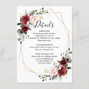 Tarjeta De Recepción Boda Geométrico Románico de Borgoña Rojo Floral