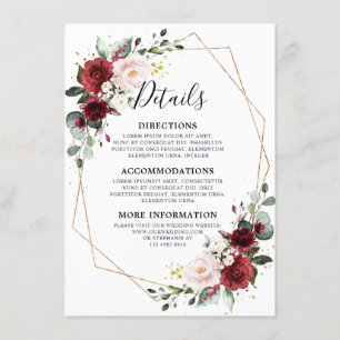 Tarjeta De Recepción Boda Geométrico Románico de Borgoña Rojo Floral