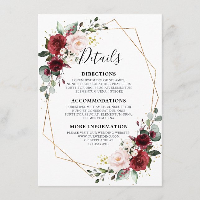 Tarjeta De Recepción Boda Geométrico Románico de Borgoña Rojo Floral (Anverso)