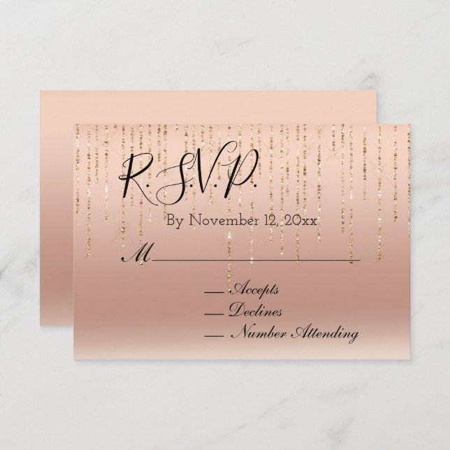 Tarjeta De Recepción Boda Glam Sparkle Rosa Dorado Melocotón Rubor (Anverso / Reverso)