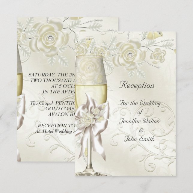 Tarjeta de recepción Boda Gold Cream Pearl Floral (Anverso / Reverso)