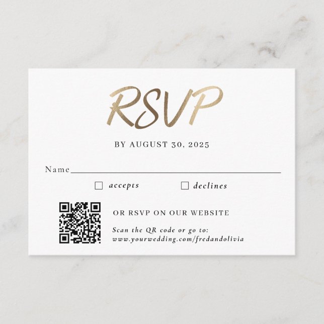 Tarjeta De Recepción Boda Gold Tradicional y Código QR RSVP (Anverso)