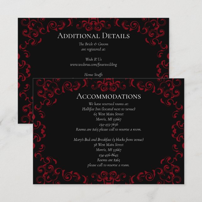 Tarjeta De Recepción Boda Gótica con Remolino Rojo y Negro (Anverso / Reverso)
