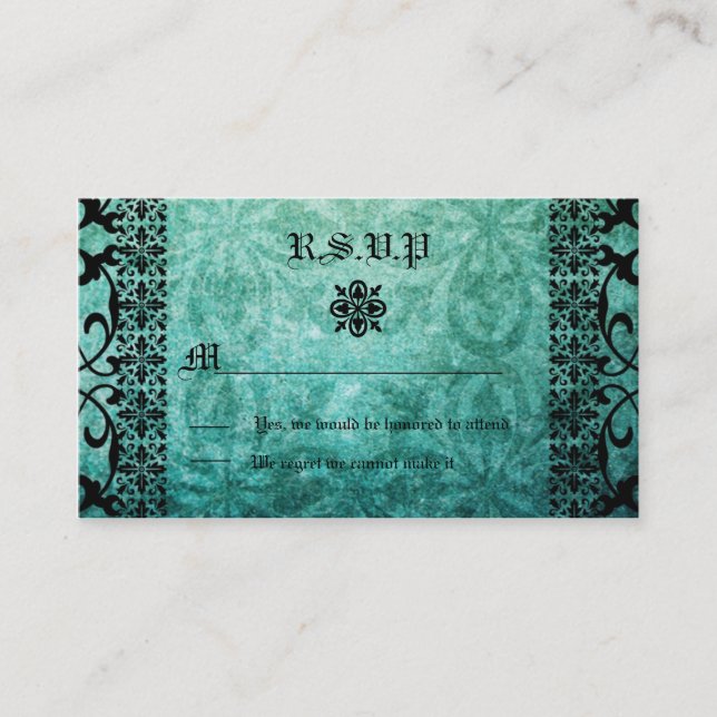 Tarjeta De Recepción Boda gótica cuadrada Ornate Green Damask (Anverso)