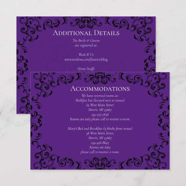 Tarjeta De Recepción Boda Gótica de Remolino Púrpura y Negro (Anverso / Reverso)