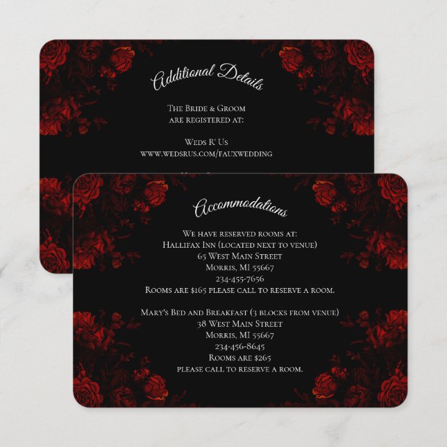 Tarjeta De Recepción Boda gótica elegante floral negra y roja (Anverso / Reverso)
