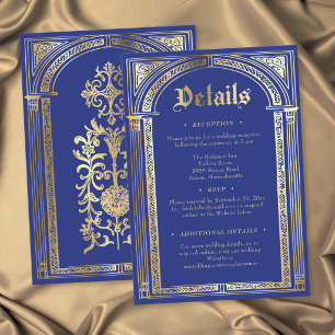 Tarjeta De Recepción Boda Gótica Medieval Azul Oro Hasta la Muerte