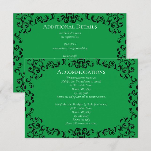 Tarjeta De Recepción Boda gótico de Swirl verde y negro (Anverso / Reverso)