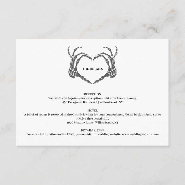 Tarjeta De Recepción Boda Gótico Romántico Skeleton Hand Halloween (Anverso)