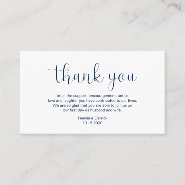 Tarjeta De Recepción Boda Gracias, diseño mínimo, fuente azul marino (Anverso)