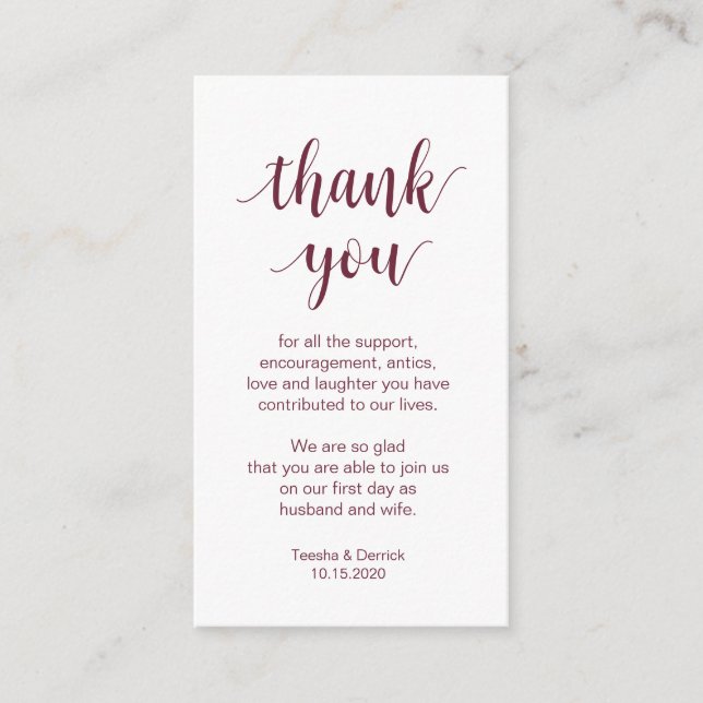 Tarjeta De Recepción Boda Gracias, escritura moderna de Borgoña (Anverso)