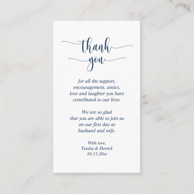 Tarjeta De Recepción Boda Gracias, guión moderno, azul de la Marina Clá (Anverso)