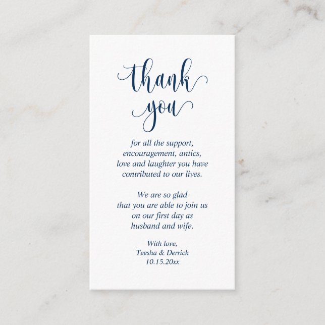 Tarjeta De Recepción Boda Gracias, guión moderno, azul de la Marina Clá (Anverso)