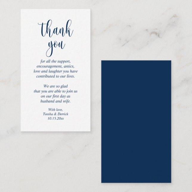 Tarjeta De Recepción Boda Gracias, guión moderno, azul de la Marina Clá (Anverso / Reverso)